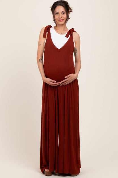 Rust Shoulder Tie Wide Leg Maternity Jumpsuit