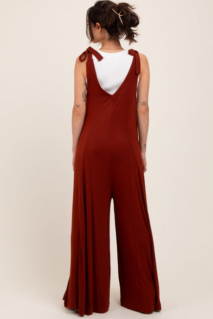 Rust Shoulder Tie Wide Leg Maternity Jumpsuit