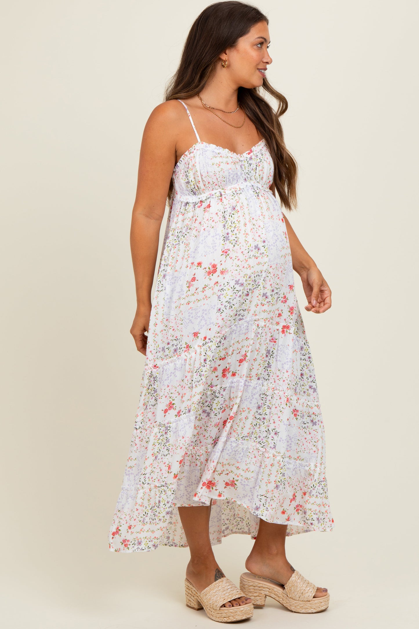 Ivory Floral Sleeveless Tiered Ruffle Detail Maternity Maxi Dress