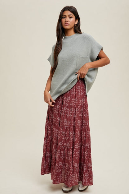 Rust Floral Drawstring Tiered Maternity Maxi Skirt