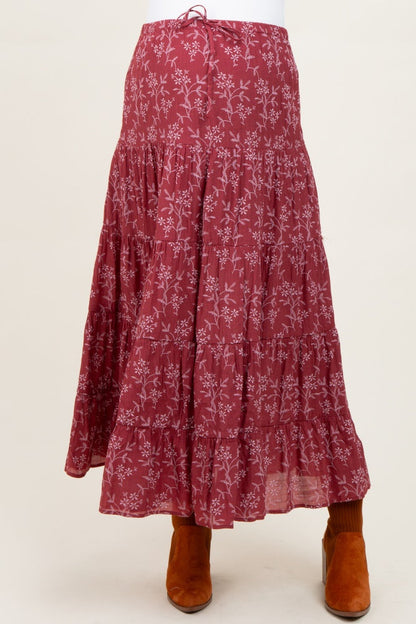 Rust Floral Drawstring Tiered Maternity Maxi Skirt