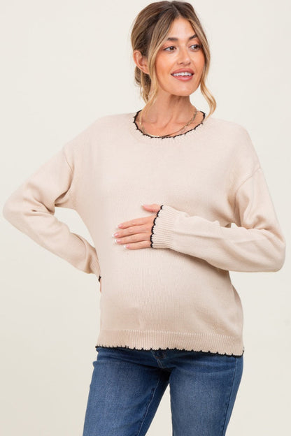 Taupe Contrast Scallop Trim Maternity Sweater