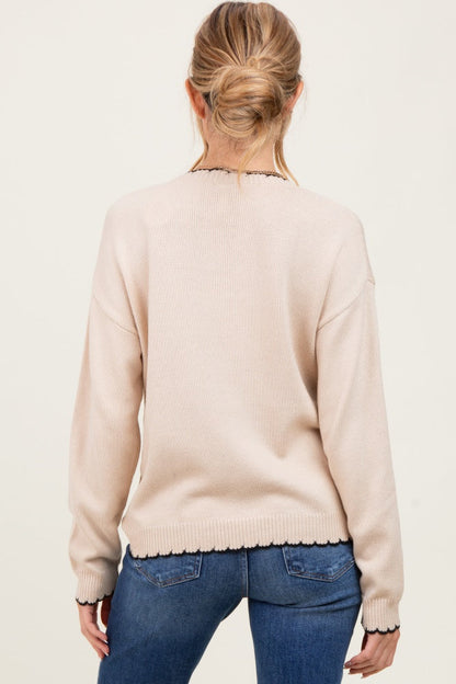 Taupe Contrast Scallop Trim Maternity Sweater