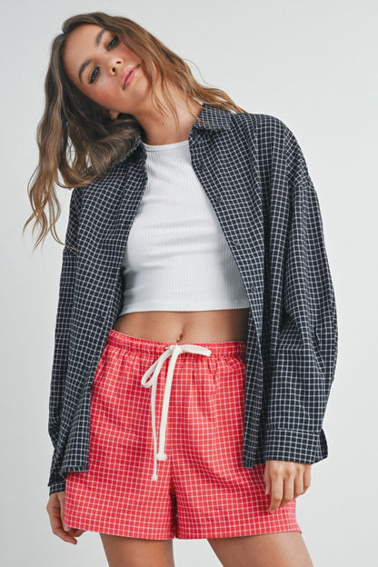 Black Oversized Grid Plaid Maternity Button Down Shirt