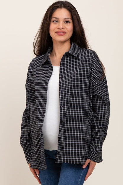 Black Oversized Grid Plaid Maternity Button Down Shirt