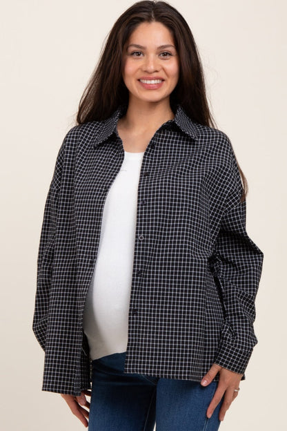 Black Oversized Grid Plaid Maternity Button Down Shirt