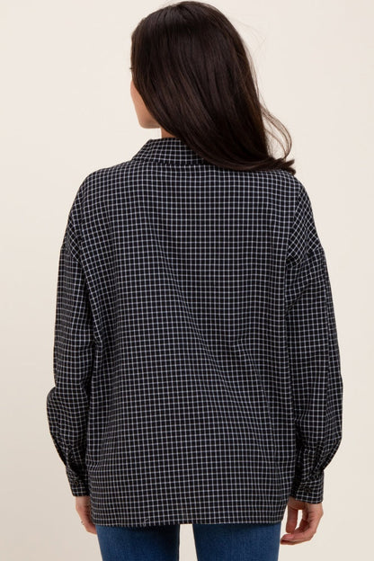 Black Oversized Grid Plaid Maternity Button Down Shirt