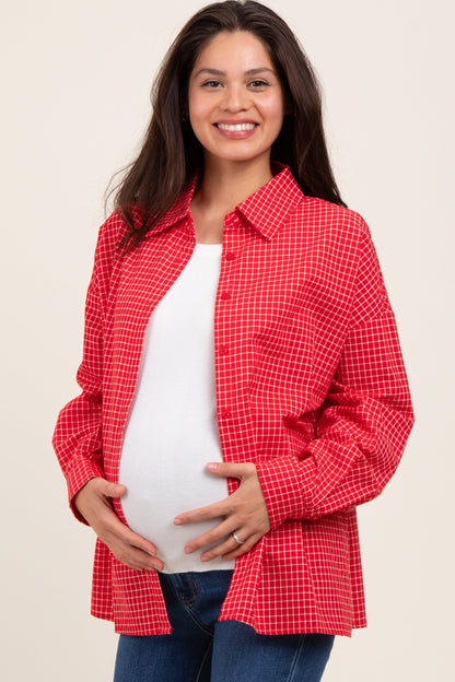 Red Checker Plaid Button Down Maternity Shirt