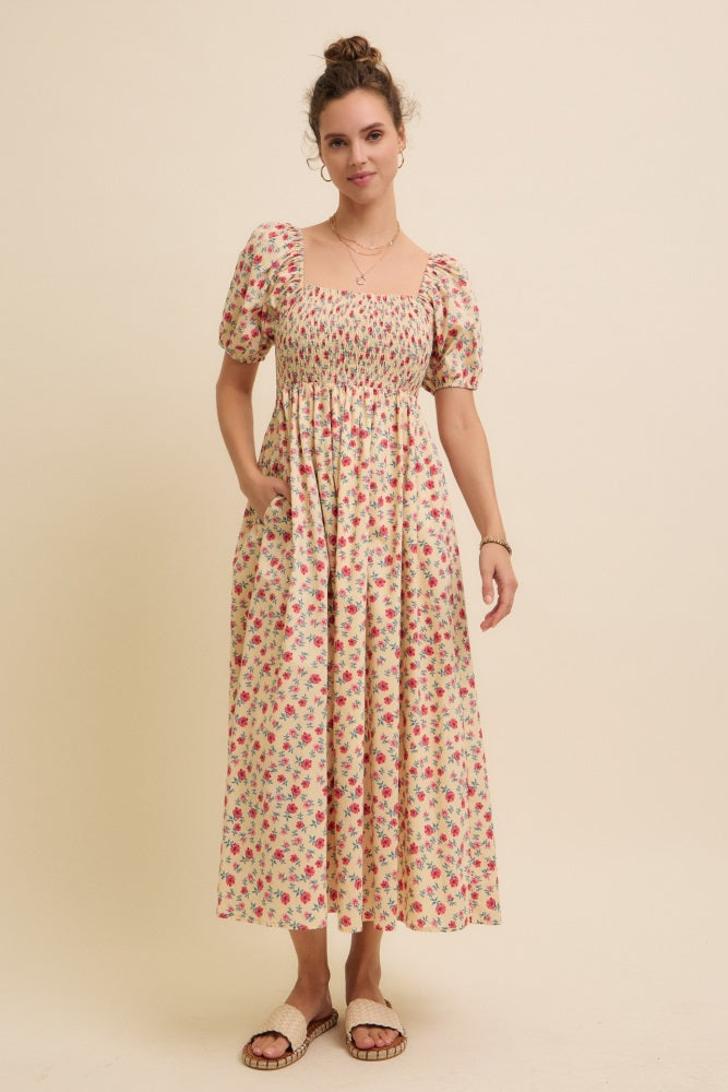 Cream Cotton Poplin Floral Smocked Maternity Midi Dress