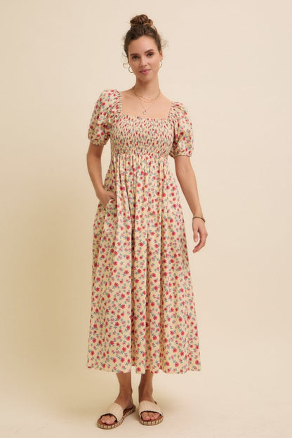 Cream Cotton Poplin Floral Smocked Maternity Midi Dress