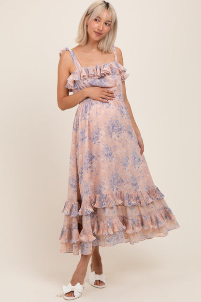 Light Pink Floral Chiffon Pleated Ruffle Maternity Midi Dress