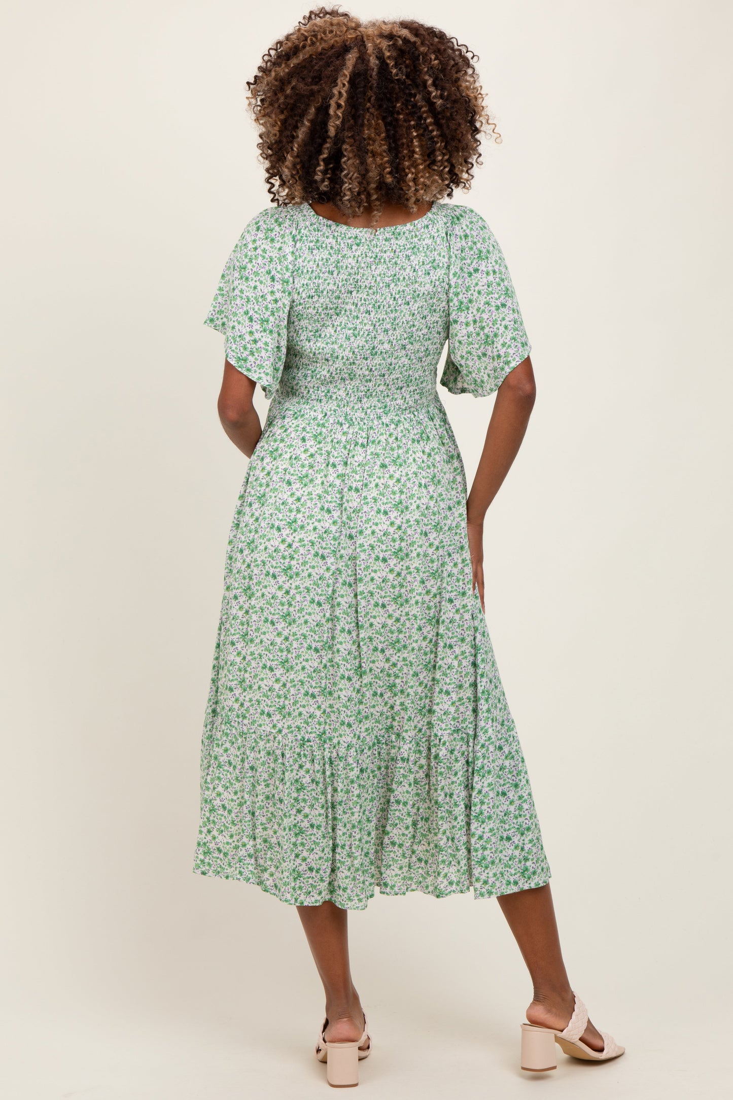 Green Floral Smocked Flutter Sleeve Maternity Midi Dress
