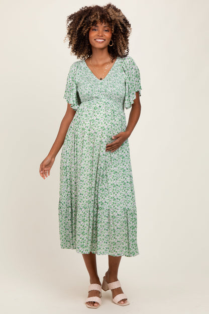 Green Floral Smocked Flutter Sleeve Maternity Midi Dress