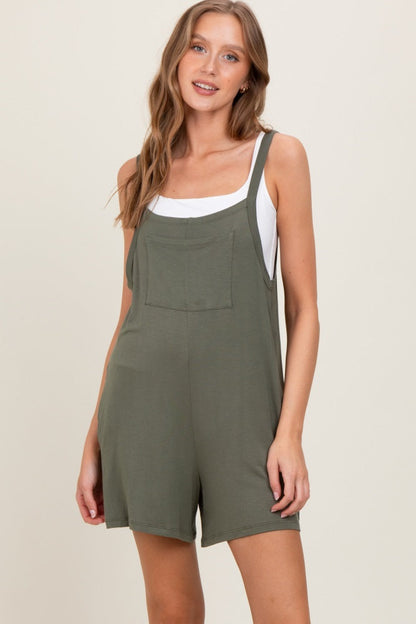 Green Olive Front Pocket Overall Knit Maternity Romper