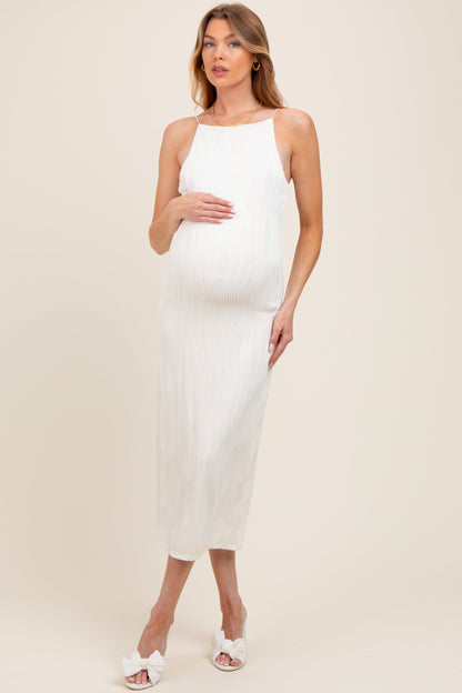 Ivory Textured Sleeveless Fitted Maternity Midi Dress