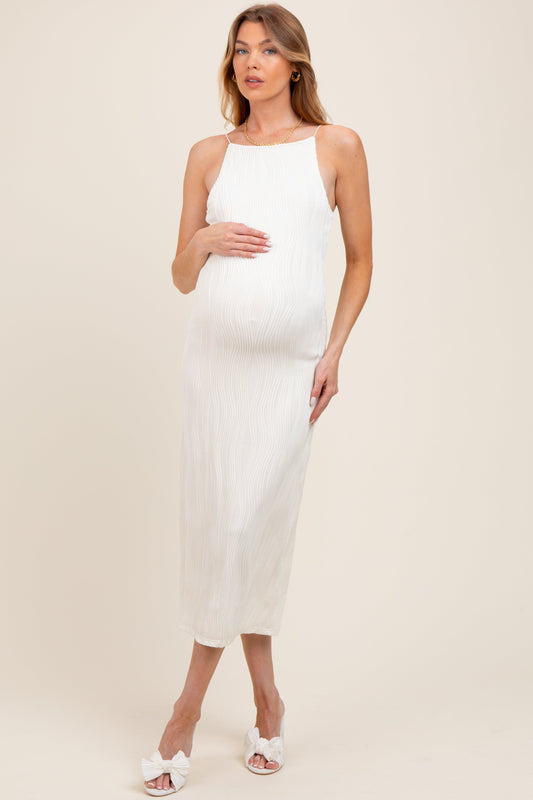 Ivory Textured Sleeveless Fitted Maternity Midi Dress