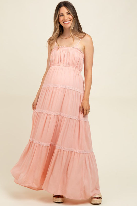 Light Pink Lace Tiered Sleeveless Maternity Maxi Dress