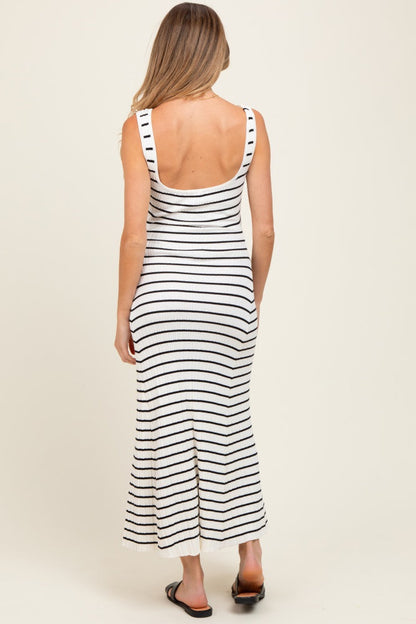 White Striped Ribbed Sleeveless Maternity Maxi Dress
