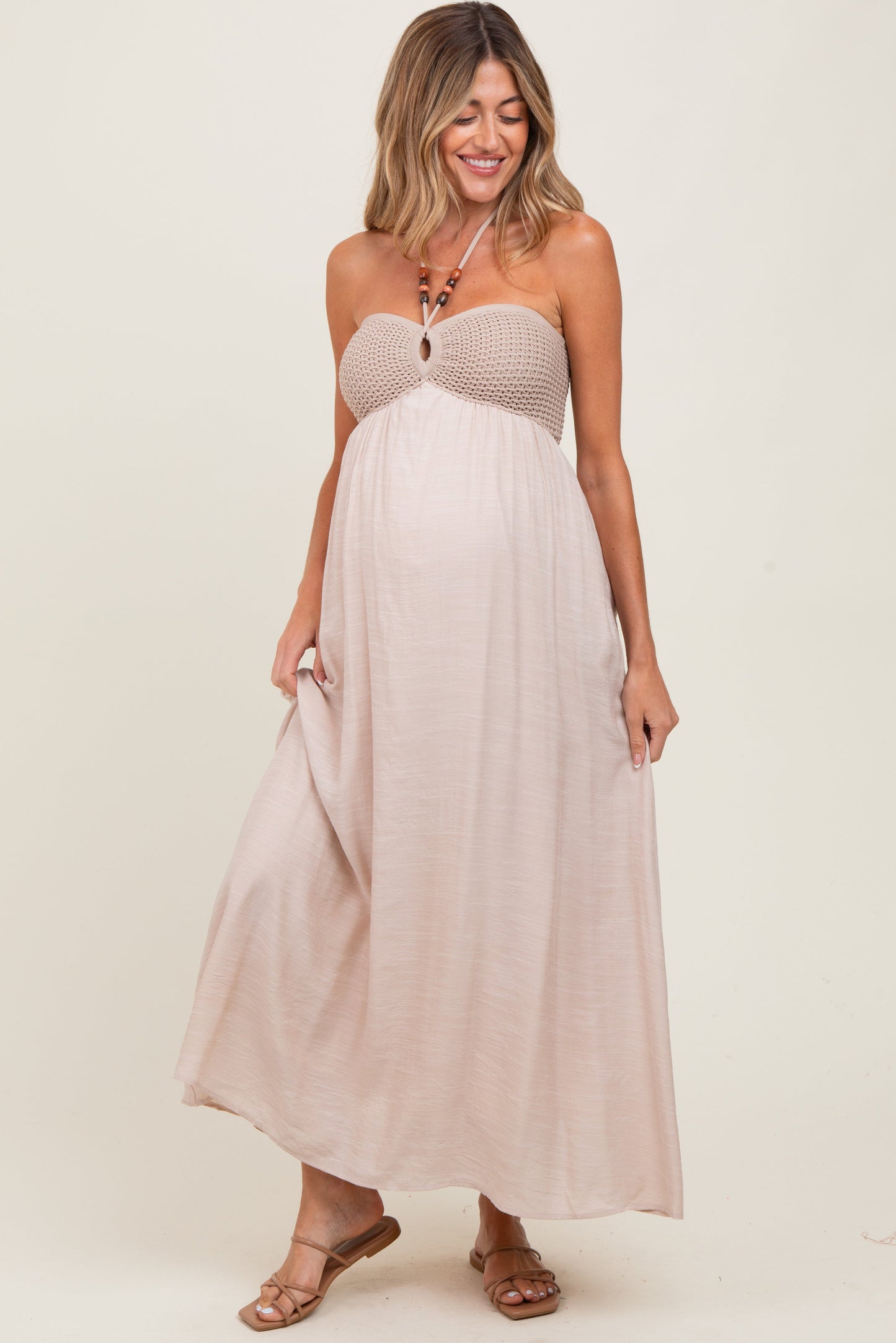 Beige Crochet Contrast Beaded Halter Neck Maternity Maxi Dress