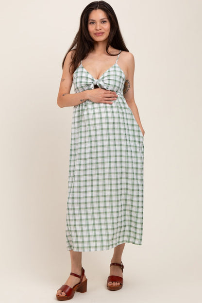 Green Checkered Plaid Front Tie Sleeveless Maternity Midi Dress