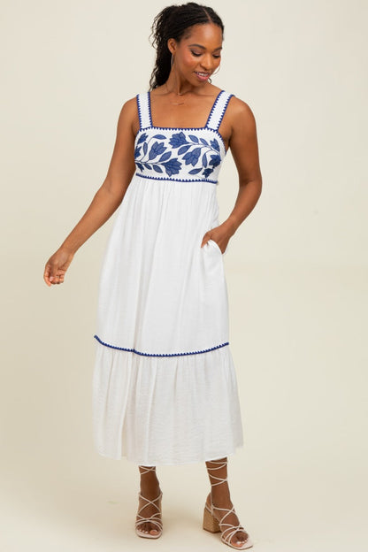 White Floral Embroidered Cutout Tie Back Maternity Midi Dress