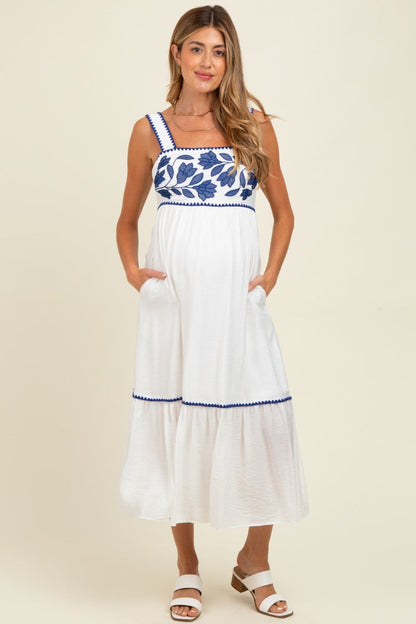White Floral Embroidered Cutout Tie Back Maternity Midi Dress