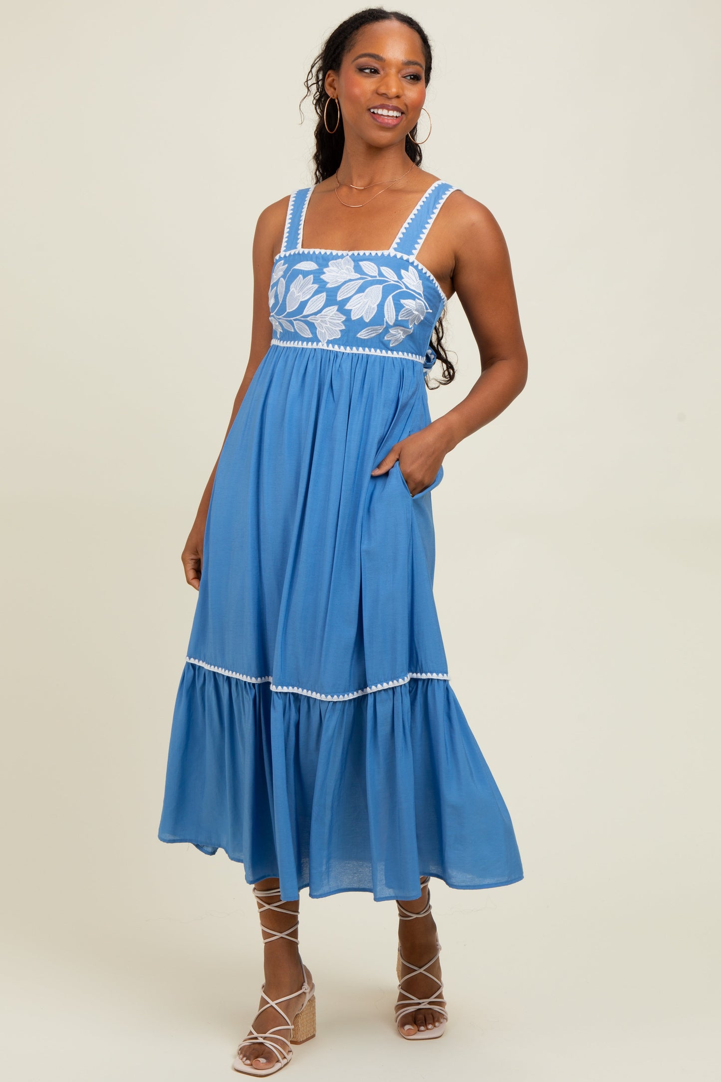Blue Floral Embroidered Cutout Tie Back Maternity Midi Dress