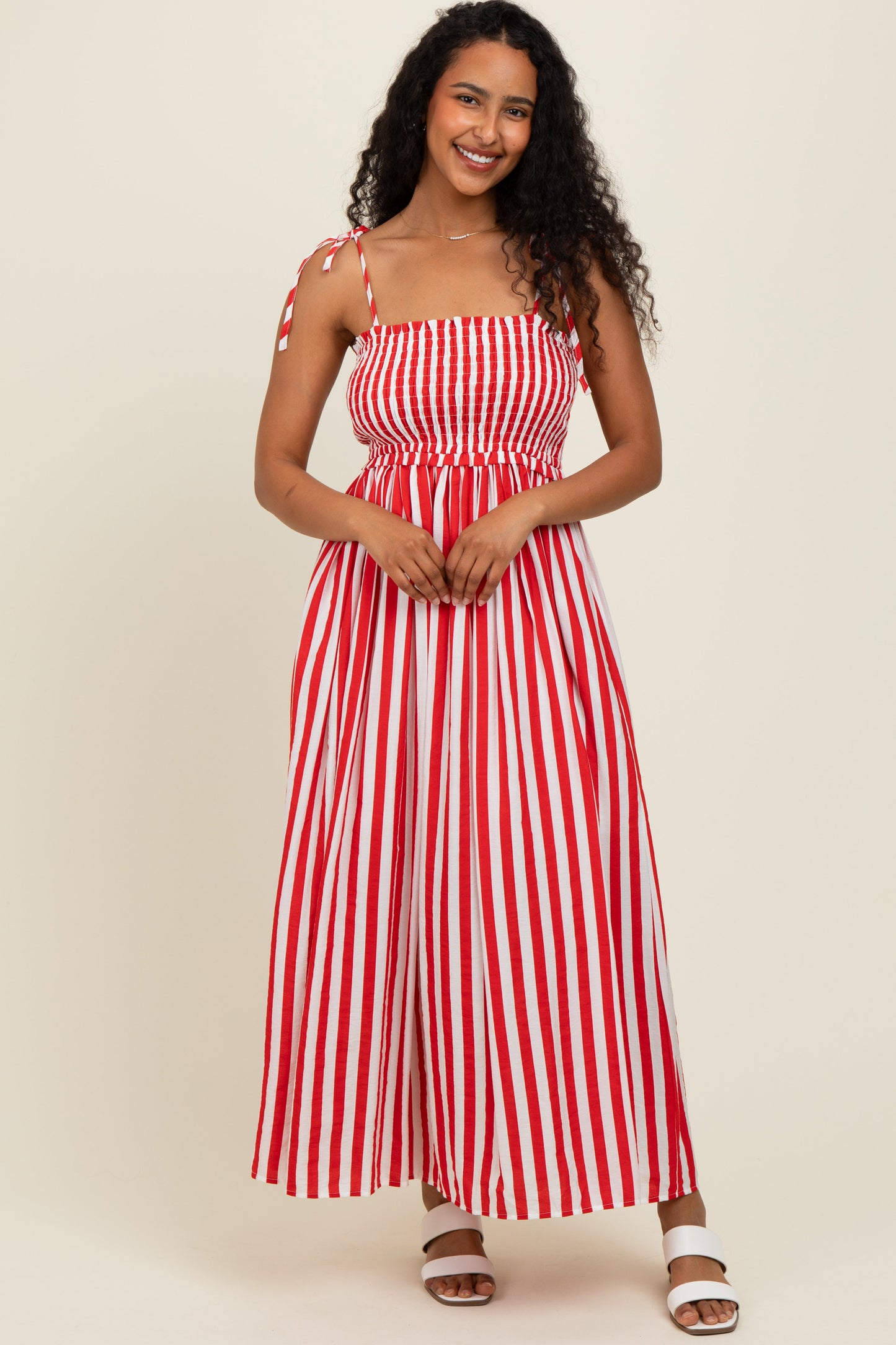 Red Striped Smocked Shoulder Tie Maternity Midi Dress