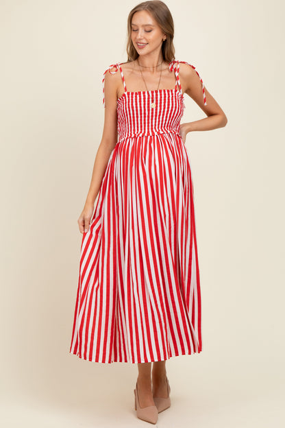 Red Striped Smocked Shoulder Tie Maternity Midi Dress