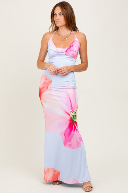 Light Blue Floral Draped Halter Maternity Maxi Dress