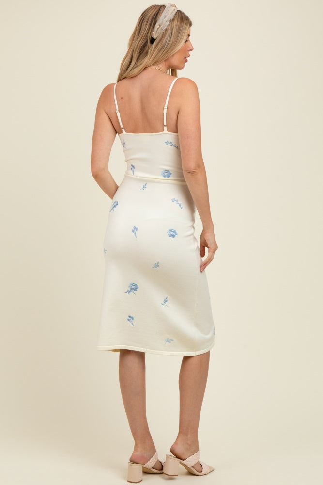 Ivory Knit Floral Embroidery Maternity Midi Tank Dress