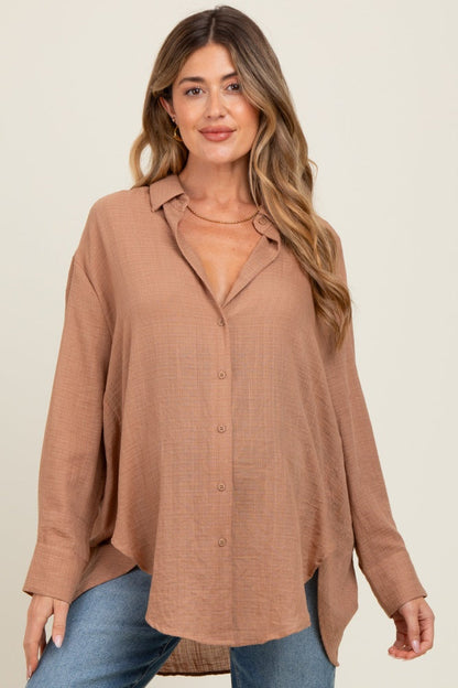 Mocha Oversized Maternity Button Down Shirt