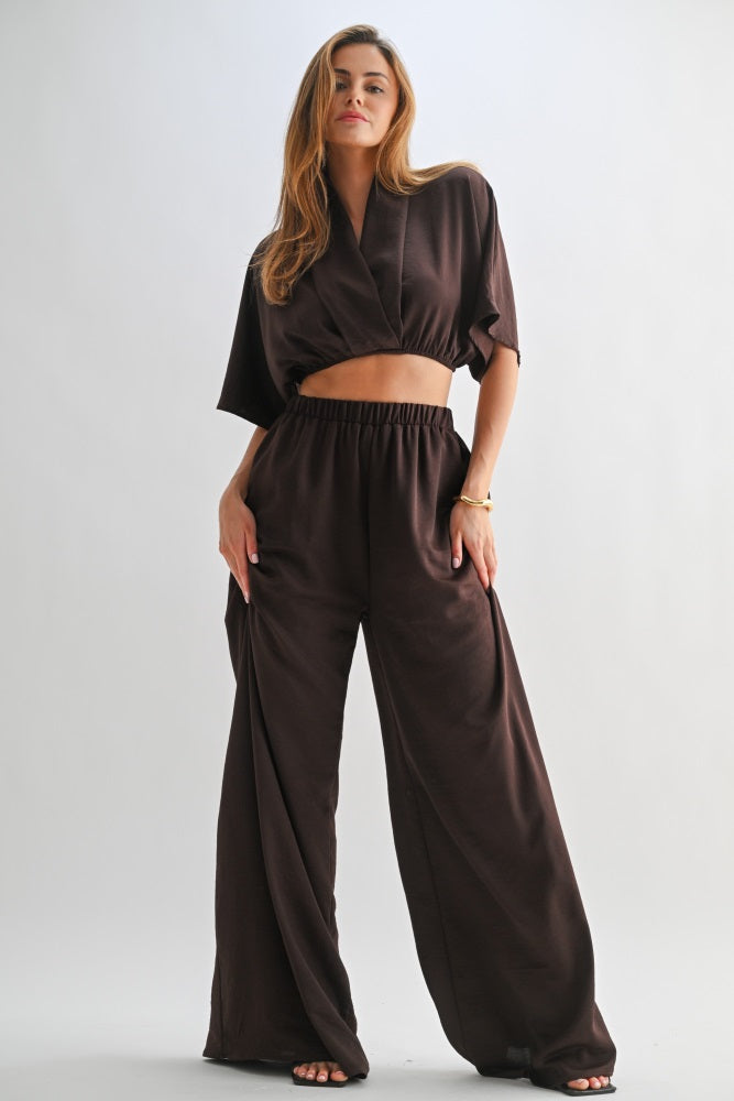 Brown Crop Blouse Wide Leg Pant Maternity Set