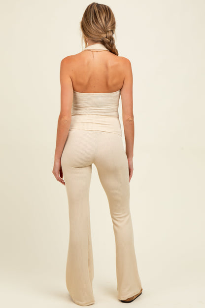 Cream Textured Rib Crop Tank Flare Leg Pant Maternity Set