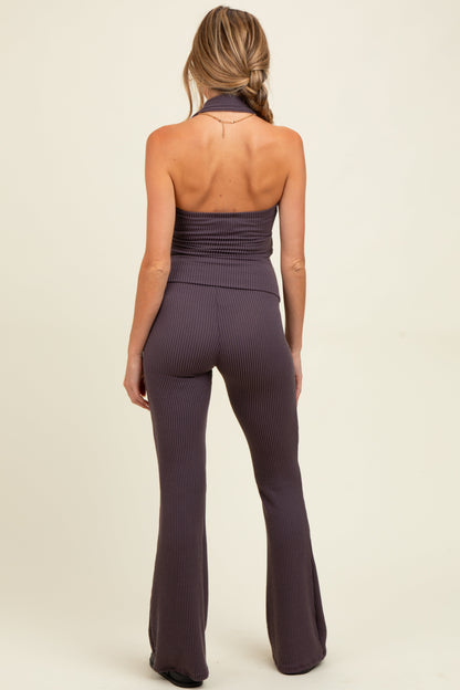 Purple Textured Rib Crop Tank Flare Leg Pant Maternity Set