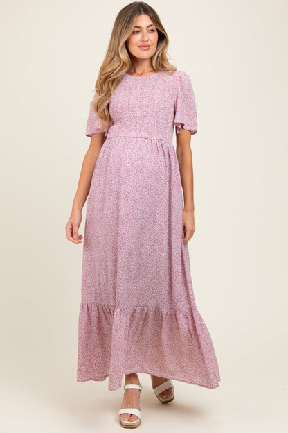 Mauve Floral Smocked Maternity Midi Dress