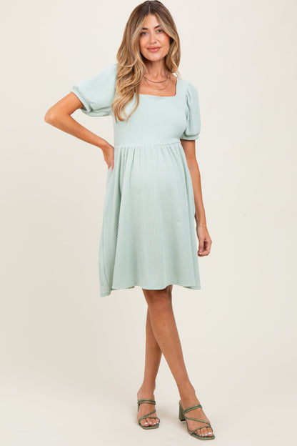 Sage Square Neck Puff Sleeve Rib Babydoll Maternity Dress