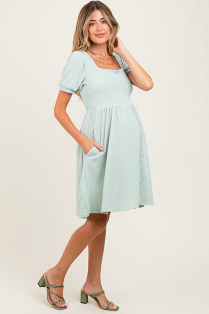 Sage Square Neck Puff Sleeve Rib Babydoll Maternity Dress