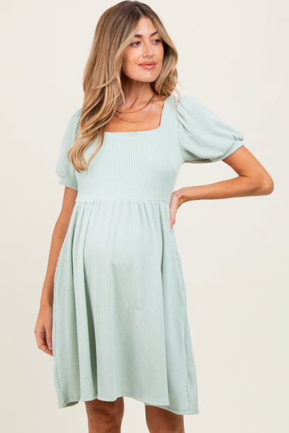 Sage Square Neck Puff Sleeve Rib Babydoll Maternity Dress