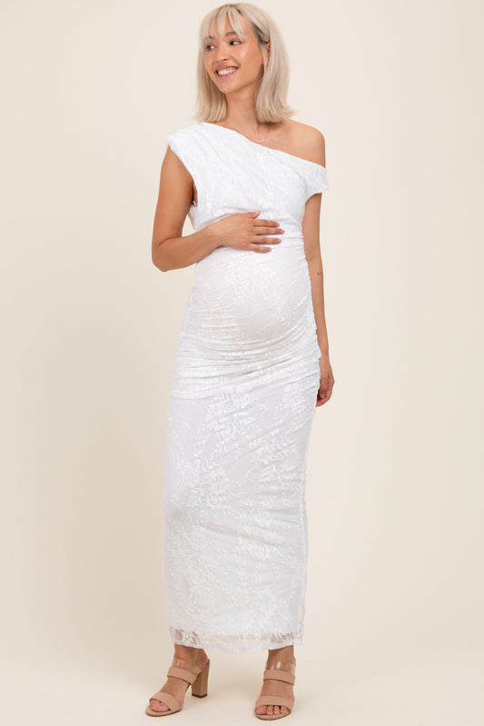 White Lace Asymmetrical Ruched Maternity Maxi Dress