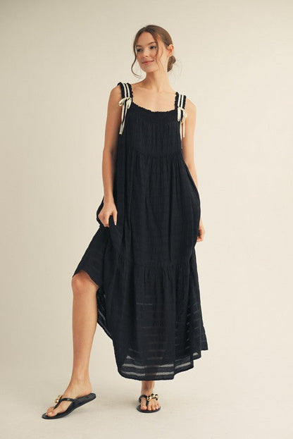 Black Bow Tie Accent Tiered Maternity Maxi Dress