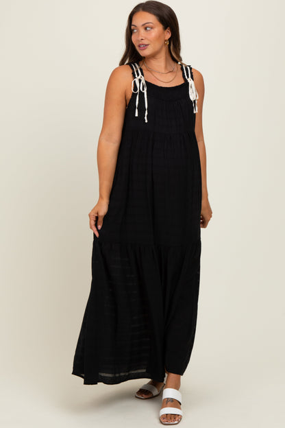 Black Bow Tie Accent Tiered Maternity Maxi Dress
