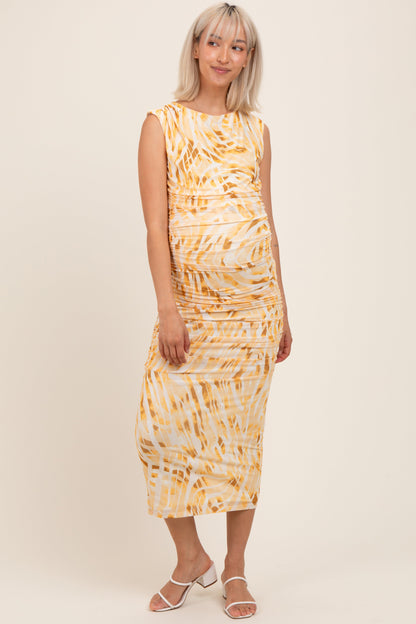 Yellow Printed Ruched Sleeveless Maternity Midi Dress