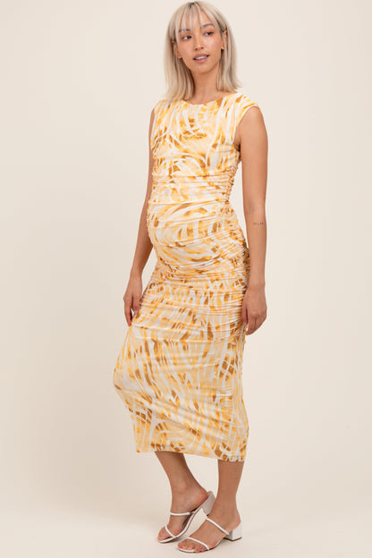 Yellow Printed Ruched Sleeveless Maternity Midi Dress