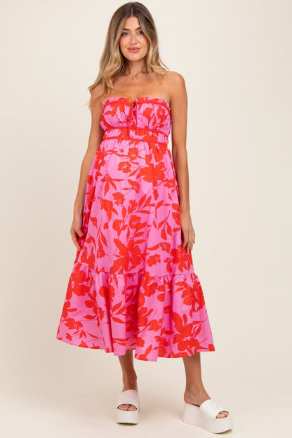 Pink Floral Strapless Front Tie Maternity Midi Dress
