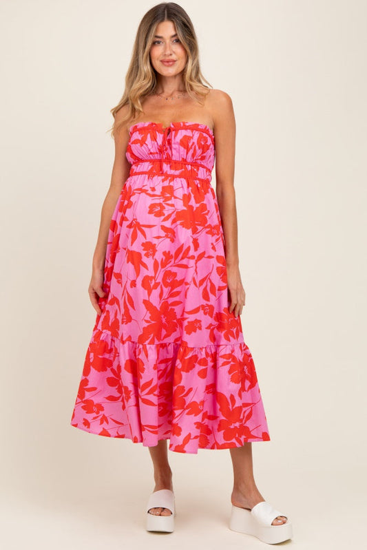 Pink Floral Strapless Front Tie Maternity Midi Dress