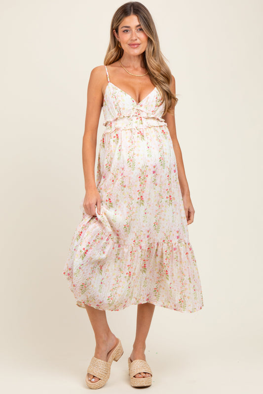 Yellow Floral Ruffle Accent Sleeveless Maternity Midi Dress