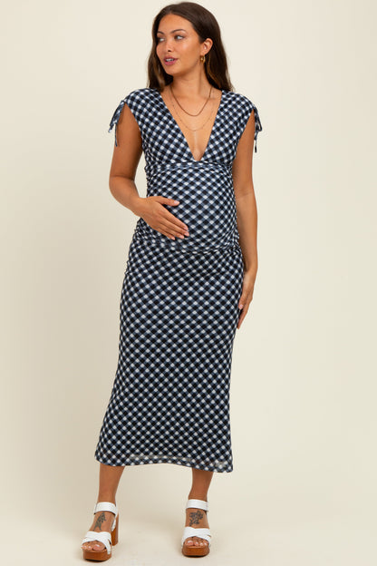 Black Ruched Gingham Shoulder Tie Maternity Maxi Dress