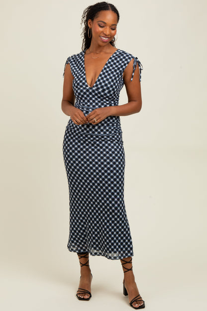 Black Ruched Gingham Shoulder Tie Maternity Maxi Dress