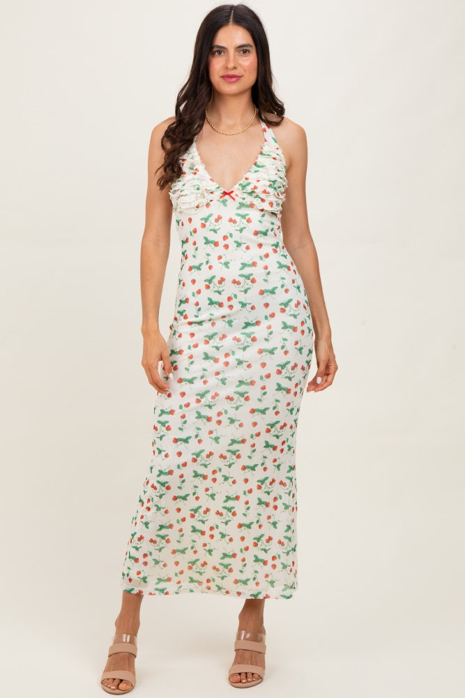 Ivory Strawberry Print Ruffle Detail Halter Maternity Maxi Dress